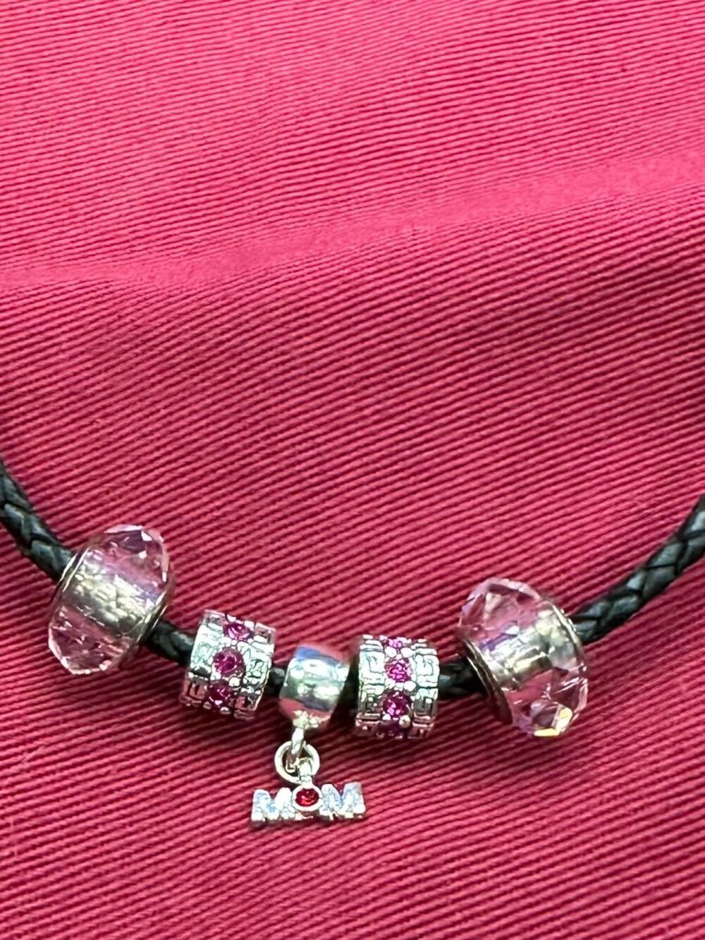 Pandora Black Leather Necklace w/”Mom” & Four Other Charms